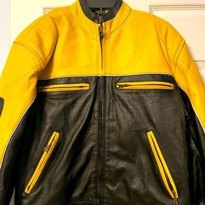 Men’s motorcycle Leather jacket yellow and black.
